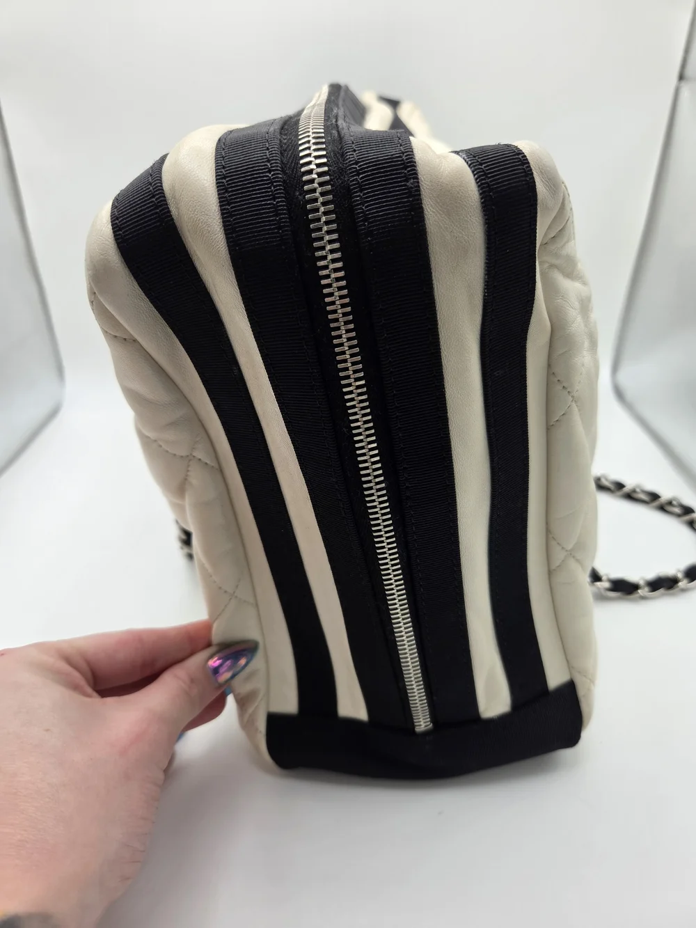 Vintage CHANEL Quilted Shopping Tote White & Black Purse